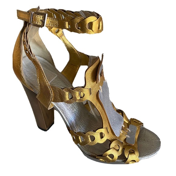 Barbara Bui T Strap Platform Sandal Open Toe Leather Heel Silver Gold Me… - Picture 1 of 8